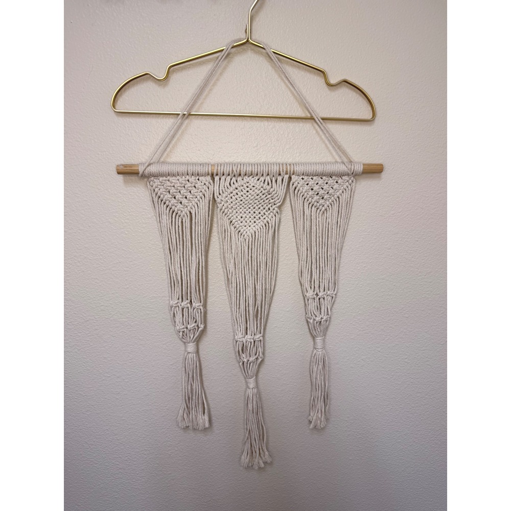 Boho Macrame Triple Plant Hanger Wall Hanging Cream Cotton Wood Dowel 29 in Long